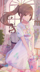  1girl absurdres alternate_hair_length_(longer) aoi_eno arched_window bloom_festival_(project_sekai) brown_eyes brown_hair bucket canvas_(object) clothes_writing commentary day dress easel eyewear_hang feet_out_of_frame floral_print glasses highres holding holding_bucket indoors light_rays long_hair looking_ahead official_alternate_costume paint paint_can paint_on_clothes paint_stains paintbrush painting_(object) paper parted_lips plant potted_plant print_dress project_sekai rolled-up_paper round_eyewear shinonome_ena short_sleeves solo standing sunlight unworn_eyewear wallpaper_(object) white_dress window yellow-framed_eyewear 