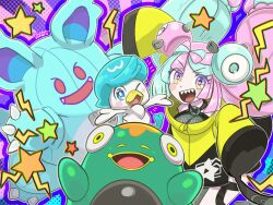  2girls bellibolt blue_eyes character_hair_ornament commentary_request cosplay dot_(pokemon) eyelashes hair_ornament highres iono_(pokemon) long_hair magnemite mascot_costume multiple_girls nidorina nidorina_(cosplay) nidothing one_eye_closed open_mouth pink_hair pokemon pokemon_(anime) pokemon_(creature) pokemon_horizons quaxly runachikku sharp_teeth sleeves_past_fingers sleeves_past_wrists star_(symbol) teeth 