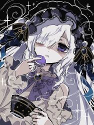  1girl bare_shoulders black_ribbon blue_hairband bow bowtie brown_shirt commentary_request cup food frilled_hairband frilled_shirt frills hair_over_one_eye hair_ribbon hairband highres holding holding_cup lolita_hairband long_hair macaron mahou_shoujo_no_majo_saiban natsume_an-an off-shoulder_shirt off_shoulder one_eye_covered otomebakudan purple_bow purple_bowtie ribbon shirt solo teacup upper_body violet_eyes white_hair 