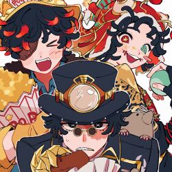  3boys black_hair blush_stickers colored_tips curly_hair fangs florian_brand florian_brand_(puffing) gold_teeth green_eyes hat heterochromia highres identity_v looking_at_viewer male_focus mike_morton mike_morton_(rain_pearl) mismatched_pupils multicolored_hair multiple_boys norton_campbell norton_campbell_(mr._mole) official_alternate_costume pince-nez red_eyes scar scar_across_eye scar_on_face sharp_teeth single_blush_sticker stitched_mouth stitches teeth top_hat yuu_(yuuka_8018) 
