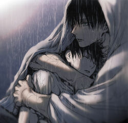  2boys closed_eyes closed_mouth commentary_request father_and_child father_and_son fushiguro_megumi fushiguro_toji hug jujutsu_kaisen line_line male_focus multiple_boys parent_and_child rain shirt short_hair sleeping spiky_hair t-shirt wet 
