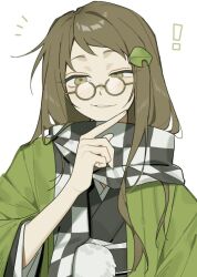  ! 1girl black_kimono black_scarf brown_eyes brown_hair checkered_clothes checkered_scarf commentary futatsuiwa_mamizou futatsuiwa_mamizou_(human) glasses green_haori grin haori japanese_clothes kimono long_hair long_sleeves looking_at_viewer notice_lines pince-nez pom_pom_(clothes) sakic43899 scarf simple_background smile solo touhou two-tone_scarf untranslatable_commentary upper_body white_background white_scarf wide_sleeves 