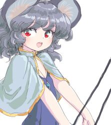  1girl :d alternate_costume animal_ear_fluff animal_ears blue_one-piece_swimsuit capelet commentary_request dot_nose dowsing_rod flat_chest grey_capelet grey_hair holding jewelry looking_to_the_side medium_hair mouse_ears mouse_girl nazrin one-piece_swimsuit open_mouth pendant red_eyes s-a-murai simple_background smile solo split_mouth standing swimsuit teeth touhou upper_body upper_teeth_only wavy_hair white_background yellow_trim 