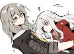  2girls black_jacket clara_(honkai:_star_rail) commentary crying crying_with_eyes_open dutch_angle english_commentary grey_hair highres honkai:_star_rail honkai_(series) jacket long_hair long_sleeves looking_at_another multiple_girls pokarii_zuu red_eyes red_jacket simple_background stelle_(honkai:_star_rail) tears trailblazer_(honkai:_star_rail) white_background white_hair yellow_eyes 