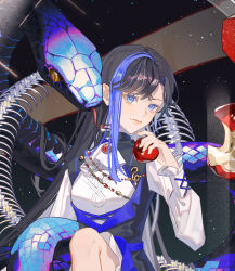  1girl apple black_hair blue_eyes blue_hair chinese_commentary closed_mouth commentary_request dress food fruit holding holding_food holding_fruit jewelry long_hair long_sleeves looking_at_viewer multicolored_hair original qianxia_moban qianxia_siba shirt sitting skeleton snake solo streaked_hair white_shirt white_snake 