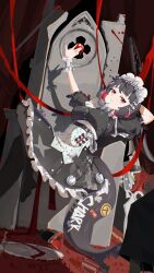  1girl absurdres apron black_hair black_pantyhose boqee breasts closed_mouth colored_inner_hair commentary_request ellen_joe fins fish_tail frilled_apron frilled_hairband frilled_wrist_cuffs frills full_body hairband highres large_breasts looking_at_viewer maid maid_apron maid_headdress multicolored_hair pantyhose puffy_short_sleeves puffy_sleeves red_eyes red_hair red_nails scissors shark_girl shark_tail short_sleeves solo tail waist_apron weapon white_apron white_wrist_cuffs wrist_cuffs zenless_zone_zero 