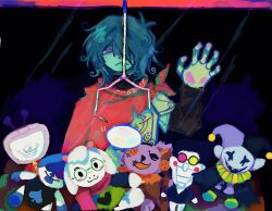 1other against_glass ant_tenna antenna_hair armor blue_hair blue_skin button_eyes buttons cat character_doll colored_skin crane_(machine) crt deltarune doll english_commentary goat goat_boy hair_over_one_eye hand_on_glass hat heterochromatic_eyewear jester jester_cap jevil lancer_(deltarune) long_nose mysticalyuri64 object_head pink_scarf pointy_nose ralsei red_eyes scarf seam_(deltarune) shaded_face sharp_teeth solo_focus spamton_g._spamton stuffed_toy teeth television tinted_eyewear utdr_(toby_fox) 