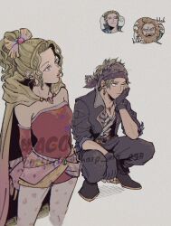  1girl 2026 3boys banon_(ff6) beard black_boots black_gloves black_jacket black_pants blonde_hair blue_ribbon boots breasts brown_hair cape commentary_request dated detached_sleeves dress earrings edgar_roni_figaro facial_hair final_fantasy final_fantasy_vi fingerless_gloves gloves grey_background grey_hair hair_ribbon head_on_hand headscarf jacket jewelry locke_cole long_hair medium_breasts multiple_boys open_mouth pants pantyhose parted_bangs ponytail print_pantyhose print_shirt red_dress red_sleeves ribbon sash sharp_na_ago shirt short_dress short_hair squatting strapless strapless_dress terra_branford tube_dress twitter_username violet_eyes waist_sash yellow_cape 