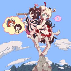  2girls aqua_eyes black_hair blonde_hair blue_sky bonnet clantail closed_eyes clouds commentary_request flower_ornament forest frilled_skirt frills hat hat_feather highres hime_cut holding holding_telescope horns japanese_clothes magical_girl mahou_shoujo_ikusei_keikaku mahou_shoujo_ikusei_keikaku_restart miyokata_no_nako monster_girl multiple_girls nature orange_hair pechika_(mahoiku) red_hair rionetta short_hair sitting skirt sky tassel tears telescope tree yin_yang_hair_ornament yomo_gigyoza 