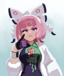  1girl bow breasts collared_shirt deli_mage drill_hair drill_sidelocks dynamax_band eyeshadow flipped_hair fur_jacket hair_bow hairband half-closed_eyes highres jacket klara_(pokemon) lipstick makeup medium_breasts mole mole_under_mouth pink_eyeshadow pink_hair pink_lips pokemon pokemon_sword_and_shield print_shirt raised_inner_eyebrows shirt short_hair sidelocks smile solo two-tone_shirt violet_eyes white_bow white_hairband 