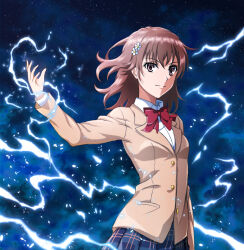  1girl blazer blue_skirt bow bowtie brown_eyes brown_hair brown_jacket closed_mouth commentary_request electricity electrokinesis glowing hair_ornament hairclip hand_up highres jacket looking_at_viewer misaka_mikoto plaid_clothes plaid_skirt pocket prime_(primeb237528) red_bow red_bowtie revision school_uniform science_fiction shirt short_hair skirt smile solo toaru_kagaku_no_railgun toaru_majutsu_no_index tokiwadai_school_uniform white_shirt winter_uniform 