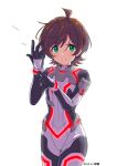 1girl adjusting_clothes adjusting_gloves ahoge brown_hair commentary_request damokan66 gloves glowing_clothes green_eyes highres idolmaster idolmaster_million_live! idolmaster_million_live!_theater_days kinoshita_hinata looking_at_viewer pilot_suit short_hair solo white_background 