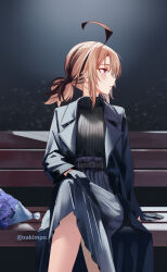  1girl absurdres alternate_costume black_coat black_gloves black_skirt black_sweater blonde_hair bouquet brown_hair coat commentary crossed_legs english_commentary gigi_murin gloves highres hololive hololive_english multicolored_hair on_bench parted_lips pink_eyes ribbed_sweater short_hair short_twintails sitting skirt solo sweater turtleneck turtleneck_sweater twintails two-tone_hair virtual_youtuber zakimpo 