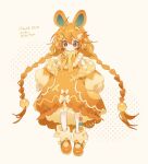  1girl bow bowtie braid brown_eyes dress headphones hibi89 long_hair long_sleeves looking_at_viewer mary_janes open_mouth orange_bow orange_bowtie orange_dress orange_footwear orange_hair pawmi personification pokemon puffy_long_sleeves puffy_sleeves quilted_clothes shoes socks solo twin_braids very_long_hair white_bow white_socks wing_hair_ornament 