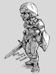  1boy armor artist_name closed_mouth dated full_body greyscale helmet hounori male_focus monochrome shield simple_background solo sword weapon white_background wizardry 