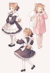  1girl :o animal_ears back_bow barefoot black_bow blush bow cat_ears cat_tail closed_eyes e_(eokiba) frills from_behind hair_bow highres holding holding_pillow maid mary_janes multiple_views original own_hands_together pajamas pantyhose pillow pink_pajamas profile rubbing_eyes shoes standing tail white_bow white_pantyhose 