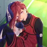  1boy black_bodysuit blue_lock bodysuit chigiri_hyoma cowboy_shot cup holding holding_cup knee_up long_hair looking_at_viewer male_focus open_mouth red_eyes red_shorts red_tank_top redhead shorts sitting solo sweat tank_top towel towel_on_head yuzukarin728 