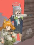  2girls aiming animal_ear_fluff animal_ears assault_rifle backpack bag belt black_jacket black_skirt blazer blue_archive blue_eyes blue_necktie blue_scarf cat_ears cat_girl collared_shirt commentary cross_hair_ornament crossover english_commentary girls_frontline grey_hair gun hair_between_eyes hair_ornament hairclip halo headset highres holding holding_gun holding_weapon idw_(girls&#039;_frontline) jacket knee_pads kneeling long_hair long_sleeves looking_away medium_hair mismatched_pupils multiple_girls necktie open_clothes open_jacket orange_hair parker-hale_idw parted_lips plaid plaid_skirt pleated_skirt powerdman rifle scarf school_uniform shiroko_(blue_archive) shirt shorts sidelocks sig_sauer_556 simple_background skirt suspender_shorts suspenders sweat taking_cover triangle_mouth weapon white_shirt wolf_ears wolf_girl 