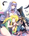  3girls absurdres albedo_(overlord) bangle belt_collar black_hair black_wings blonde_hair bracelet closed_eyes collar commentary_request denim denim_shorts drooling gloves green_shirt grey_hair hairband hara_yumi highres horns hoshii_miki idolmaster idolmaster_(classic) jeans jewelry lap_pillow long_hair midnamana multiple_girls necklace open_mouth pants red_nails shijou_takane shirt shorts sitting sleeping t-shirt thighs violet_eyes voice_actor_connection white_gloves white_shirt wings yokozuwari 