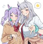  2girls alternate_costume alternate_hairstyle animal_ears blush bow bowtie bracelet breast_pocket breasts candy card closed_mouth clothes_around_waist collared_shirt ear_bow flat_chest flying_sweatdrops food frown gold_ship_(umamusume) grey_hair grin gyaru_v hand_on_another&#039;s_hip hand_on_another&#039;s_shoulder highres holding holding_candy holding_food holding_lollipop horse_ears jewelry large_breasts lollipop long_sleeves mejiro_mcqueen_(umamusume) multiple_girls necktie one_eye_closed pink_eyes pocket purple_hair red_bow red_bowtie red_necktie scrunchie shirt side_ponytail simple_background sleeves_pushed_up smile spoken_star star_(symbol) umamusume unneul upper_body v v-shaped_eyebrows violet_eyes white_background white_shirt wrist_scrunchie 