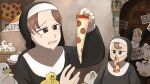  3girls :&lt; bird blonde_hair brick_wall brown_eyes brown_hair catholic chicken clumsy_nun_(diva) crying crying_with_eyes_open diva_(hyxpk) duck duckling english_commentary food froggy_nun_(diva) habit highres holding holding_sign hungry_nun_(diva) little_nuns_(diva) mouth_hold multiple_girls nun pizza poster_(object) sign sign_around_neck tears traditional_nun 