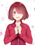  1girl blush clenched_hands collarbone e_(eokiba) hair_over_one_eye hands_on_own_chest highres hoshino_miyako_(wataten) jacket open_mouth own_hands_together red_eyes red_jacket redhead short_hair solo track_jacket upper_body watashi_ni_tenshi_ga_maiorita! 