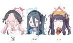  &gt;_&lt; 3girls amerika_juu_pan aris_(blue_archive) black_hair black_headwear blue_archive blue_hair blush commentary_request dark_blue_hair fuuka_(blue_archive) hair_between_eyes halo hat head_scarf horns koharu_(blue_archive) long_hair multiple_girls off_shoulder open_mouth pink_hair simple_background slit_pupils twintails underwear wavy_mouth white_background winged_hat 