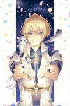  &gt;:) 1boy absurdres aiguillette animal_on_shoulder black_shirt blonde_hair blue_eyes blue_necktie blue_ribbon buttons collared_jacket collared_shirt confetti dated diamond_button double-breasted ferret gold_trim hair_between_eyes happy_birthday highres hiyamaru holostars jacket kishido_temma lapels light_blush long_sleeves looking_at_viewer male_focus minakami_hiro necktie outside_border peaked_lapels reaching ribbon shirt short_hair sky sleeve_cuffs smile solo star_(sky) starry_sky straight-on sword tie_clip upper_body v-shaped_eyebrows weapon white_background white_jacket 