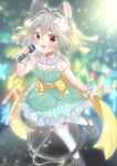  1girl :d absurdres alternate_costume animal_ears ashino_chimado black_footwear blurry blurry_background commentary dress flower full_body green_dress grey_hair hair_flower hair_ornament highres idol light_particles looking_at_viewer mouse_ears mouse_girl mouse_tail nazrin open_mouth red_eyes short_hair smile solo tail teeth thigh-highs touhou upper_teeth_only white_flower white_thighhighs 