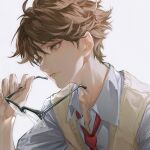  1boy absurdres bishounen brown_eyes brown_hair closed_mouth collared_shirt deadprince glasses highres male_focus original portrait shirt short_hair simple_background solo sweater_vest white_background white_shirt yellow_sweater_vest 