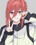  1boy blue_lock chigiri_hyoma ehqh9d grey_background grin hands_up highres jacket long_hair long_sleeves looking_at_viewer male_focus red_eyes redhead simple_background sketch sleeves_past_wrists smile solo upper_body v white_jacket 