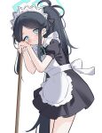  1girl absurdly_long_hair apron aris_(blue_archive) aris_(maid)_(blue_archive) black_hair blue_archive blue_bow blue_bowtie blue_eyes bow bowtie commentary_request forehead frilled_apron frills hair_bow hair_ribbon halo head_rest head_tilt highres holding holding_stick ine_(ineinnen) long_hair looking_at_viewer maid maid_apron maid_headdress parted_bangs ribbon short_sleeves side_ponytail sidelocks simple_background solo stick very_long_hair white_apron white_background 