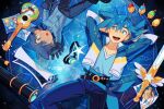  2boys arms_behind_head arms_up artist_name blue_eyes blue_hair blue_pants blue_shirt collarbone constellor goggles highres jacket long_sleeves looking_at_another multiple_boys open_mouth original pants parted_lips shirt short_hair sword teeth telescope upper_teeth_only weapon 