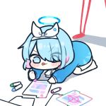  1girl :p arona&#039;s_sensei_doodle_(blue_archive) arona_(blue_archive) blue_archive blue_eyes blue_hair blush chibi commentary_request crayon envelope hair_ornament hair_over_one_eye halo headband kneeling korean_commentary multicolored_hair piki_(itpiki) sensei_(blue_archive) short_hair simple_background solo_focus tongue tongue_out two-tone_hair white_background 