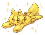  1girl animal_ears fox_ears fox_girl fox_tail full_body gold golden_week hair_between_eyes kemomimi-chan_(naga_u) long_sleeves looking_at_viewer lying naga_u on_stomach original pleated_skirt shirt simple_background skirt sleeves_past_fingers sleeves_past_wrists solo sparkle tail thigh-highs v-shaped_eyebrows white_background 