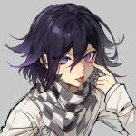  1boy akanbe black_hair checkered_clothes checkered_scarf danganronpa_(series) danganronpa_v3:_killing_harmony flipped_hair grey_background grey_jacket hair_between_eyes hand_up highres jacket long_sleeves male_focus medium_hair multicolored_hair nanin oma_kokichi portrait purple_hair scarf simple_background solo tongue tongue_out two-tone_hair violet_eyes 