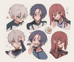  3boys black_eyes blue_lock blue_shirt braid chigiri_hyoma expressions fork grey_hair hand_up highres holding holding_fork jacket long_hair looking_at_viewer male_focus mikage_reo multiple_boys nagi_seishirou open_mouth portrait purple_hair red_eyes red_shirt redhead sadaharu010 shirt short_hair single_braid smile sweat tongue tongue_out v-shaped_eyebrows violet_eyes white_jacket 