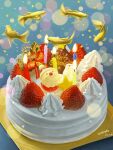  absurdres blue_background cake candle christmas christmas_cake dated fish food food_focus fruit guppy_(fish) highres icing merry_christmas no_humans original plate santa_claus signature snowman star_(symbol) strawberry tainosuke 