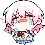  1girl black_choker black_gloves buttons chibi choker closed_eyes crying earrings english_commentary finger_touching furrowed_brow gloves hair_between_eyes honkai:_star_rail honkai_(series) jewelry long_sleeves march_7th_(honkai:_star_rail) medium_hair official_art open_mouth pink_hair sad single_earring solo tears transparent_background upper_body 