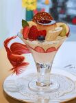  absurdres banana banana_slice blueberry blurry blurry_background bubble dated fish floating food food_focus fruit highres leaf no_humans original parfait plate pudding raspberry reflection shadow signature strawberry strawberry_slice surreal tainosuke 