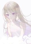  1girl absurdres bare_shoulders blonde_hair cropped_torso dress flat_chest floating_hair highres light_smile long_hair looking_at_viewer msa_(fary_white) original simple_background sleeveless sleeveless_dress slit_pupils solo upper_body violet_eyes white_background white_dress 