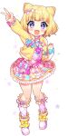  1girl arm_up blonde_hair blunt_bangs blush boots bracelet full_body heart heart-shaped_pupils highres jewelry long_sleeves looking_at_viewer minami_mirei msp_sammy open_mouth pretty_(series) pripara short_hair smile socks solo symbol-shaped_pupils v violet_eyes white_footwear white_socks 