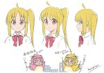  2girls absurdres ahoge blonde_hair bocchi_the_rock! bow bowtie commentary_request gotou_hitori highres ijichi_nijika kumasun long_hair looking_at_viewer multiple_girls multiple_views pink_hair red_bow red_bowtie side_ponytail sidelocks smile translation_request upper_body 