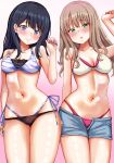  2girls bikini bikini_under_clothes bikini_under_shorts blush breasts denim denim_shorts gridman_universe gridman_universe_(film) highres long_hair looking_at_viewer medium_breasts minami_yume multiple_girls navel nootomo shorts side-tie_bikini_bottom ssss.dynazenon ssss.gridman swimsuit takarada_rikka thick_thighs thighs 