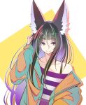  1girl animal_ear_fluff animal_ears black_hair blunt_bangs brown_jacket closed_mouth collarbone commentary_request drop_shadow fox_ears hair_strand hand_in_own_hair jacket kitsunegasaki_tametsugu_(tenka_hyakken) kurukuru_(p!) long_hair off_shoulder open_clothes open_jacket purple_shirt shirt smile solo striped striped_shirt tenka_hyakken upper_body yellow_eyes 