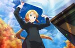  1girl black_dress blue_eyes blue_sky breasts brown_hair closed_mouth clouds dress floating_hair from_behind lens_flare long_hair long_sleeves low_ponytail nun selka_zuberg sky small_breasts smile solo standing sword_art_online very_long_hair 