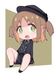 +_+ 1girl alternate_costume bare_legs black_headwear black_shorts brown_hair chibi colored_inner_hair commentary_request fang full_body green_eyes hat long_sleeves looking_at_viewer madwhippedcream medium_hair multicolored_hair oka_asahi onii-chan_wa_oshimai! open_mouth orange_hair short_shorts shorts simple_background sitting solo two-tone_hair two_side_up 