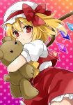  1girl blonde_hair blush doll_hug dress flandre_scarlet hat highres looking_at_viewer mob_cap object_hug one_side_up red_dress red_eyes solo stuffed_animal stuffed_toy sugu016406 teddy_bear touhou white_headwear wings 