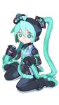  1girl absurdres ahoge android aqua_eyes aqua_hair aqua_necktie boots bright_pupils cable cheri_zao collared_shirt commentary detached_sleeves film_grain full_body grin hands_up hatsune_miku hatsune_miku_(vocaloid3) highres holding holding_cable holding_hair long_hair looking_at_viewer mechanical_parts necktie number_tattoo pleated_skirt robot_girl see-through see-through_skirt see-through_sleeves shirt sitting skirt smile solo tattoo tearing_up tie_clip twintails very_long_hair vocaloid wariza white_background white_pupils wide-eyed 