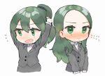  1girl alternate_costume alternate_hairstyle blush chibi collared_shirt comparison cropped_legs fang flying_sweatdrops forehead green_eyes green_hair grey_jacket grey_skirt igarashi_futaba_(shiromanta) jacket long_hair multiple_views nose_blush office_lady open_mouth ponytail senpai_ga_uzai_kouhai_no_hanashi shirt simple_background sketch skirt sweat tsudzuya upper_body wavy_mouth white_background white_shirt 